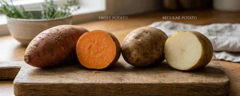A sweet potato (orange) and a regular potato (white) placed side by side, comparison concept, high resolution.